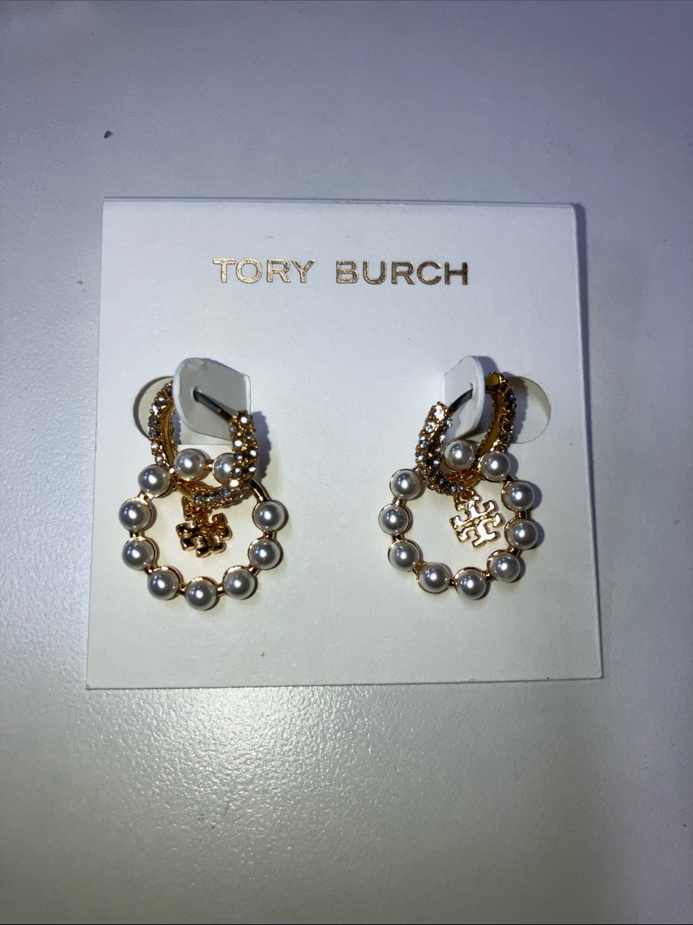 Tory Burch Gold-Tone Hoop Earrings with Pearl Accents and Logo Charm